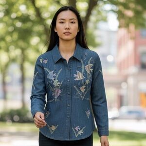 Lim’s Vintage Denim Top Button Up W Embroidery Fish & Cut Outs Unique & Rare EUC